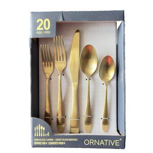 NEW Ornative 20-Pc Set S/4 Flatware Gold Tone Stainless Steel Dishwasher Safe